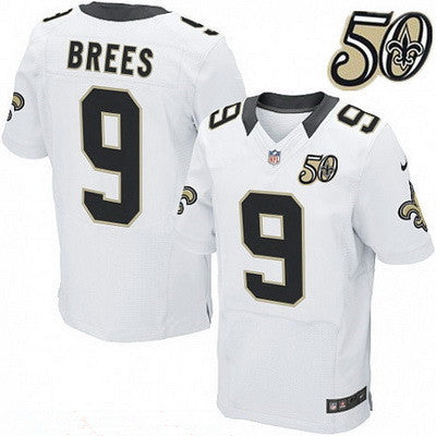 Mens New Orleans Saints 9 Drew Brees White 50th Season Patch Stitched Nfl Nike Elite Jersey