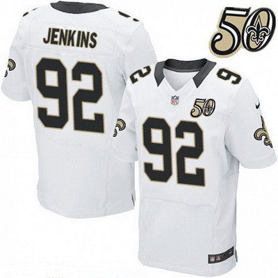 Mens New Orleans Saints 92 John Jenkins White 50th Season Patch Stitched Nfl Nike Elite Jersey