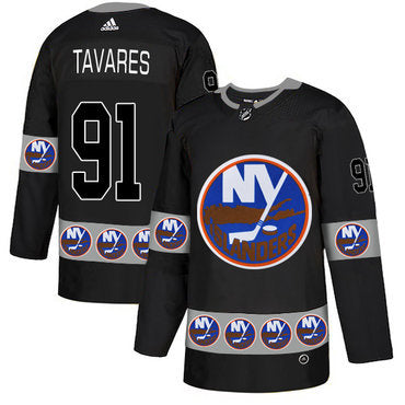 Mens New York Islanders 91 John Tavares Black Team Logos Fashion Adidas Jersey