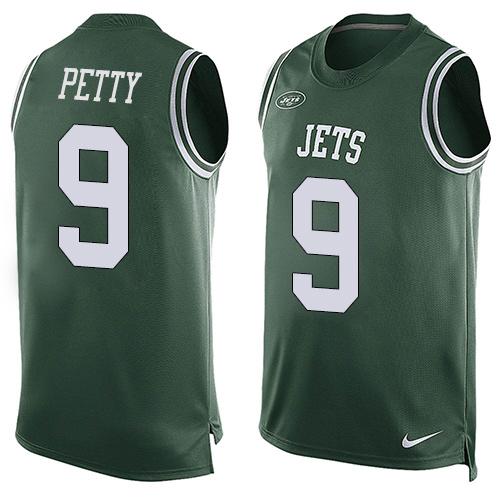 Mens New York Jets 9 Bryce Petty Green Hot Pressing Player Name Number Nike Nfl Tank Top Jersey
