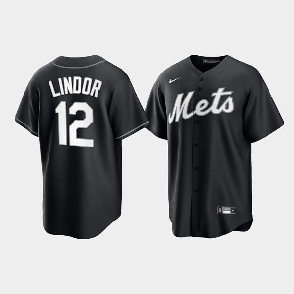 Mens New York Mets 12 Francisco Lindor Black Cool Base Stitched Baseball Jersey