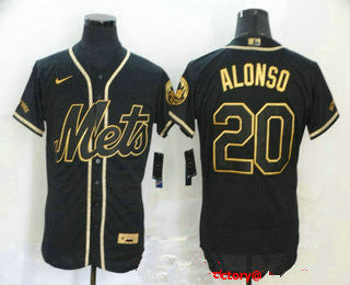 Mens New York Mets 20 Pete Alonso Black With Gold Stitched Mlb Flex Base Nike Jersey