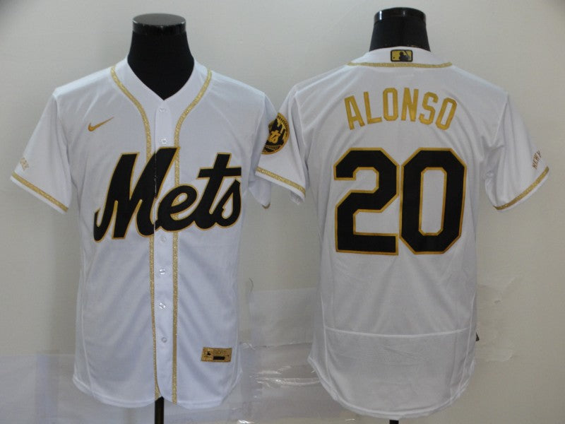 Mens New York Mets 20 Pete Alonso White With Gold Stitched Mlb Flex Base Nike Jersey