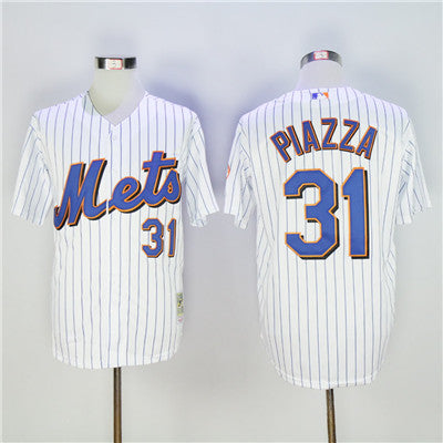 Mens New York Mets 31 Mike Piazza Whiteblue Strip Throwback Stitched Mlb Jersey
