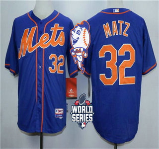Mens New York Mets 32 Steven Matz Royal Blue Orange Cool Base Jersey With 2015 World Series Participant Patch