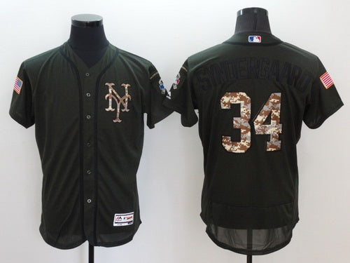 Mens New York Mets 34 Noah Syndergaard Green Salute To Service 2016 Flexbase Majestic Baseball Jersey