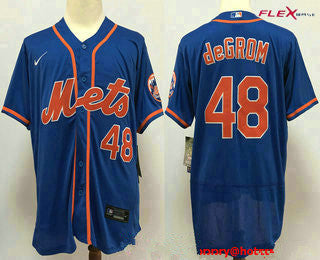 Mens New York Mets 48 Jacob Degrom Blue Stitched Mlb Flex Base Nike Jersey