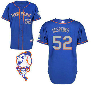 Mens New York Mets 52 Yoenis Cespedes Alternate Blue With Gray Mlb Cool Base Jersey With 2015 Mr Met Patch