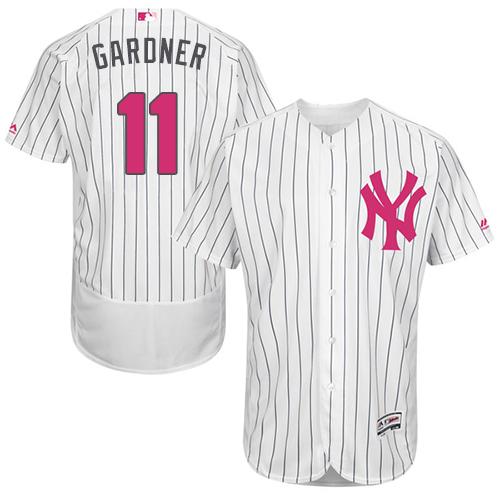Mens New York Yankees 11 Brett Gardner White Strip Flexbase Authentic Collection 2016 Mothers Day Stitched Mlb Jersey