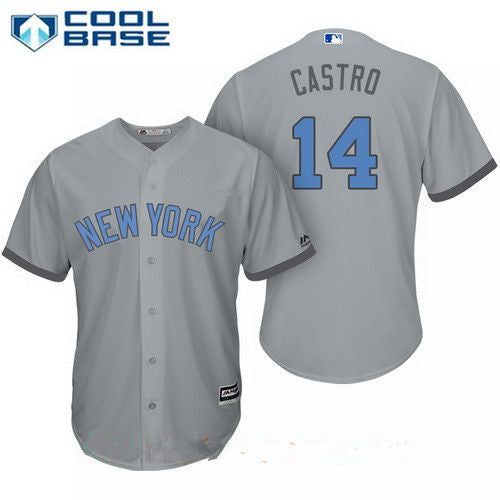 Mens New York Yankees 14 Starlin Castro Gray With Baby Blue Fathers Day Stitched Mlb Majestic Cool Base Jersey