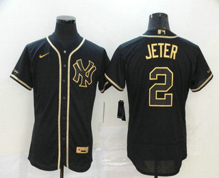 Mens New York Yankees 2 Derek Jeter Black Golden Stitched Mlb Flex Base Nike Jersey