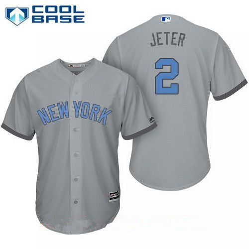 Mens New York Yankees 2 Derek Jeter Gray With Baby Blue Fathers Day Stitched Mlb Majestic Cool Base Jersey