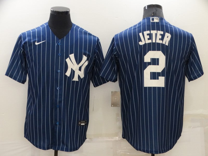 Mens New York Yankees 2 Derek Jeter Navy Blue Pinstripe Stitched Mlb Cool Base Nike Jersey