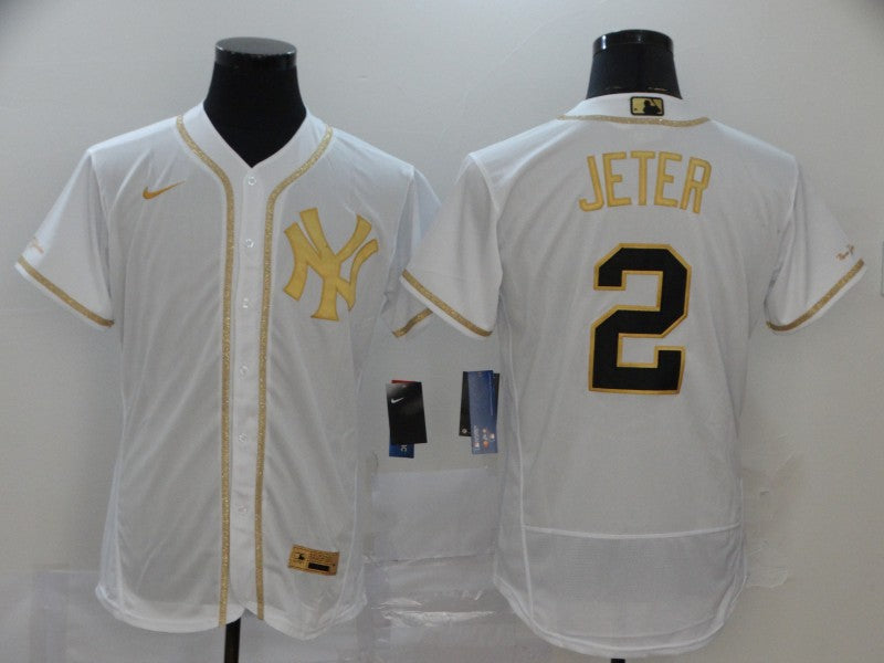 Mens New York Yankees 2 Derek Jeter White Golden Stitched Mlb Flex Base Nike Jersey