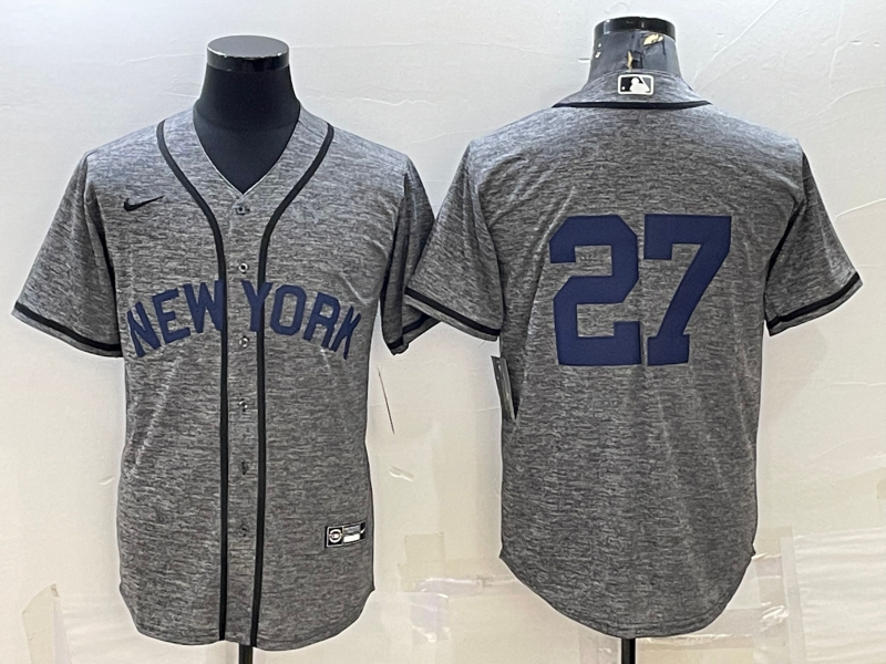 Mens New York Yankees 27 Giancarlo Stanton No Name Grey Gridiron Cool Base Stitched Jersey