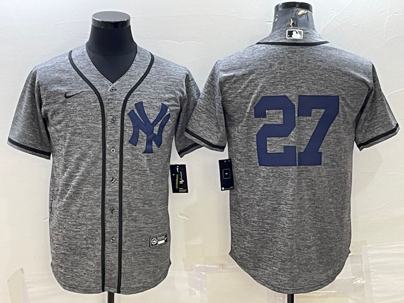 Mens New York Yankees 27 Giancarlo Stanton No Name Grey Gridiron Cool Base Stitched Jerseys