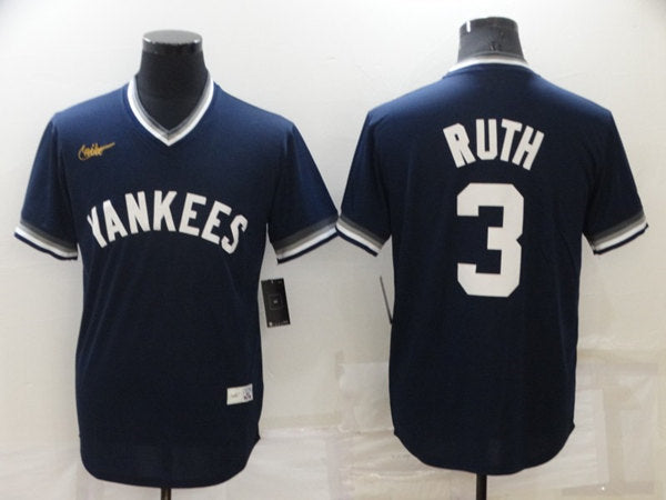 Mens New York Yankees 3 Babe Ruth Navy Blue Cooperstown Collection Stitched Mlb Throwback Jersey