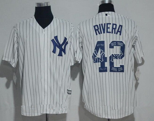 Mens New York Yankees 42 Mariano Rivera Retired White Team Logo Ornamented Stitched Mlb Majestic Cool Base Jersey
