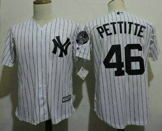 Mens New York Yankees 46 Andy Pettitte Majestic White With Navy Home Cool Base Player Jersey With Retirement Patch