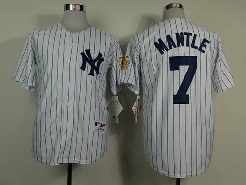 Mens New York Yankees 7 Mickey Mantle White 75th Patch Jersey