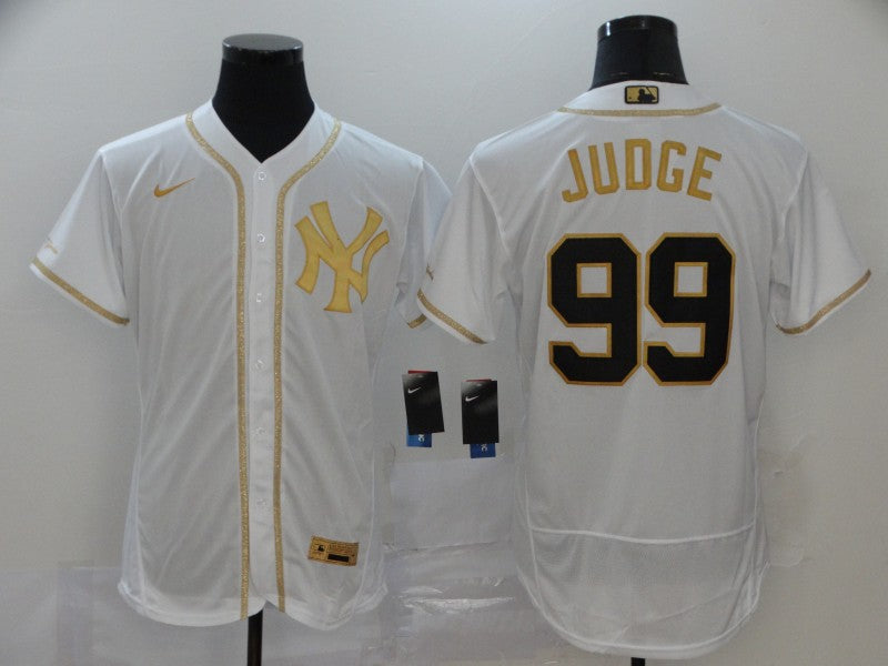 Mens New York Yankees 99 Aaron Judge White Golden Stitched Mlb Flex Base Nike Jersey