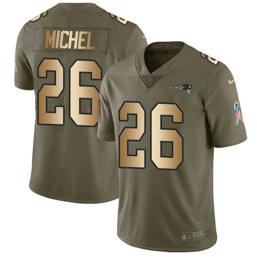 Mens Nike New England Patriots 26 Sony Michel Olive Gold Stitched Nfl Limited 2017 Salute To Service Jersey