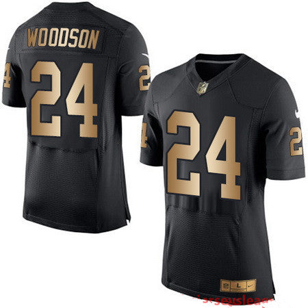 Mens Oakland Raiders 24 Charles Woodson Black With Gold Stitched Nfl Nike Elite Jersey