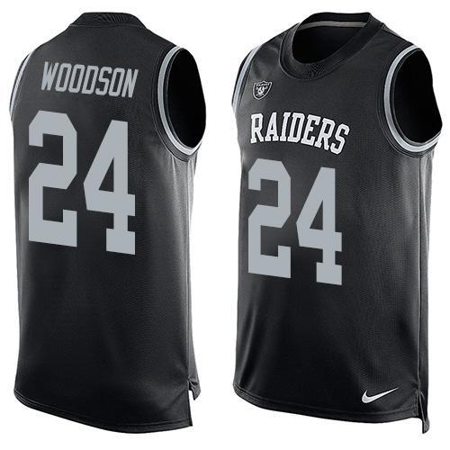Mens Oakland Raiders 24 Charles Woodson Nike Black Printed Player Name Number Tank Top