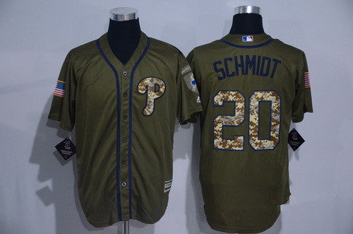 Mens Philadelphia Phillies 20 Mike Schmidt Retired Green Salute To Service Cool Base Stitched Mlb Jersey