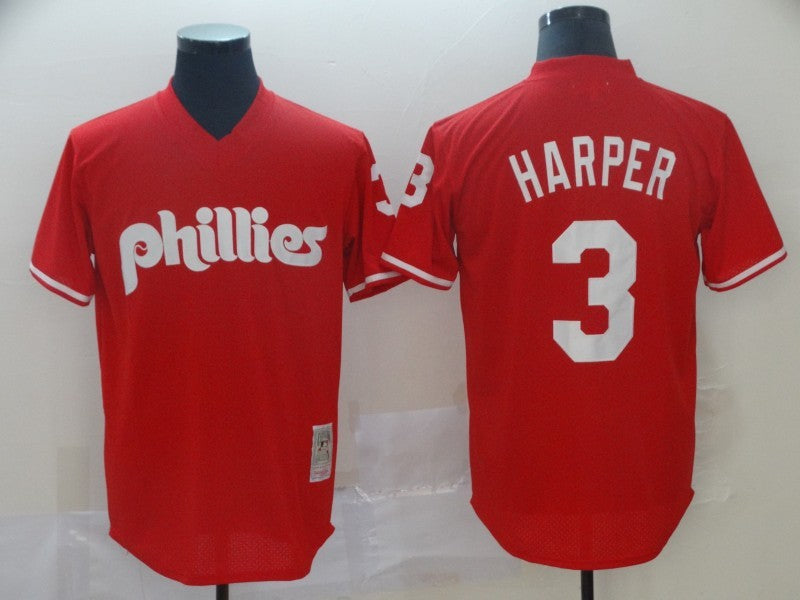 Mens Philadelphia Phillies 3 Bryce Harper Red Throwback Mesh Batting Practice Stitched Mlb Jersey