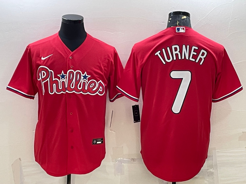 Mens Philadelphia Phillies 7 Trea Turner Red Cool Base Stitched Baseball Jersey
