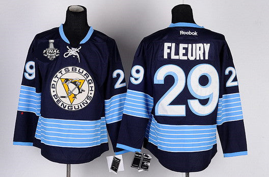 Mens Pittsburgh Penguins 29 Marc andre Fleury Navy Blue Third 2017 Stanley Cup Nhl Finals Patch Jersey