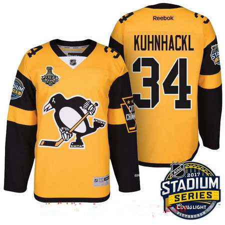 Mens Pittsburgh Penguins 34 Tom Kuhnhackl Yellow Stadium Series 2017 Stanley Cup Finals Patch Stitched Nhl Reebok Hockey Jersey