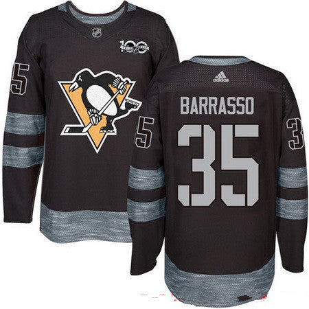 Mens Pittsburgh Penguins 35 Tom Barrasso Black 100th Anniversary Stitched Nhl 2017 Adidas Hockey Jersey