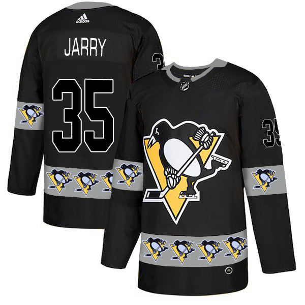 Mens Pittsburgh Penguins 35 Tristan Jarry Black Team Logos Fashion Adidas Jersey