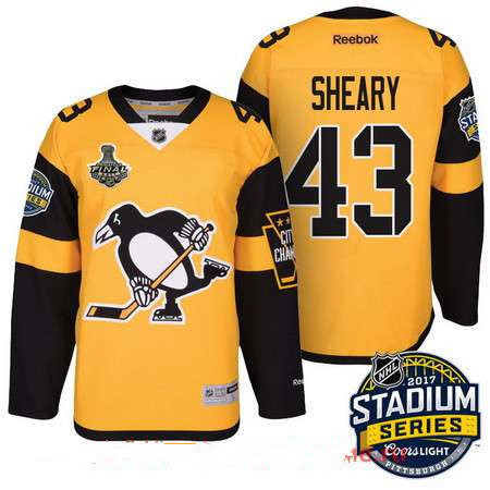 Mens Pittsburgh Penguins 43 Conor Sheary Yellow Stadium Series 2017 Stanley Cup Finals Patch Stitched Nhl Reebok Hockey Jersey