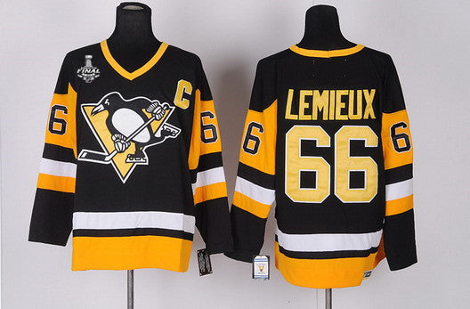 Mens Pittsburgh Penguins 66 Mario Lemieux Retired Black Throwback Ccm 2017 Stanley Cup Nhl Finals C Patch Jersey