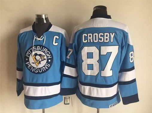 Mens Pittsburgh Penguins 87 Sidney Crosby 1960 Light Blue Ccm Vintage Throwback Hockey Jersey