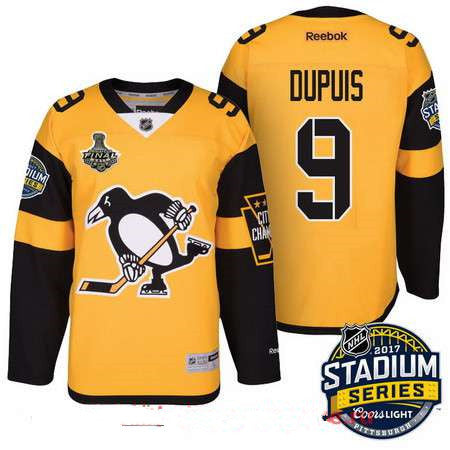 Mens Pittsburgh Penguins 9 Pascal Dupuis Yellow Stadium Series 2017 Stanley Cup Finals Patch Stitched Nhl Reebok Hockey Jersey