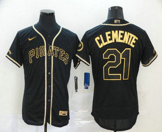 Mens Pittsburgh Pirates 21 Roberto Clemente Black With Gold Stitched Mlb Flex Base Nike Jersey