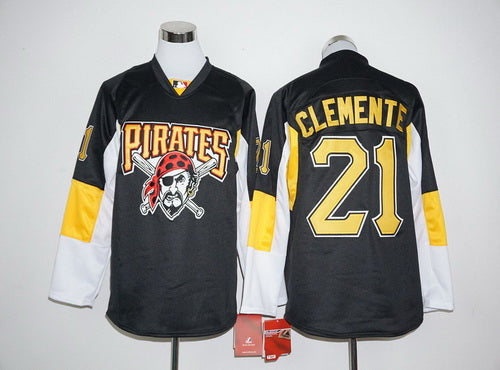 Mens Pittsburgh Pirates 21 Roberto Clemente Retired Black Long Sleeve Baseball Jersey