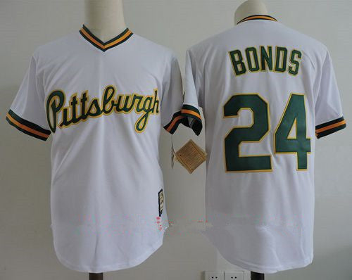 Mens Pittsburgh Pirates 24 Barry Bonds White With Green Name Number Stitched Mlb Majestic Cooperstown Collection Jersey