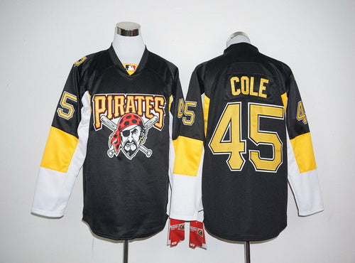 Mens Pittsburgh Pirates 45 Gerrit Cole Black Long Sleeve Baseball Jersey