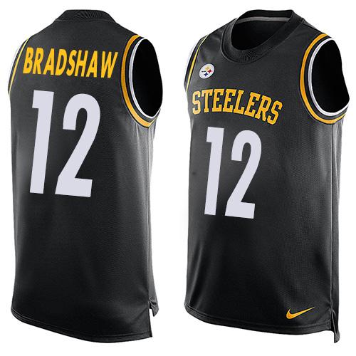 Mens Pittsburgh Steelers 12 Terry Bradshaw Black Hot Pressing Player Name Number Nike Nfl Tank Top Jersey