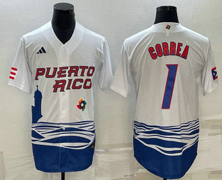 Mens Puerto Rico Baseball 1 Carlos Correa White 2023 World Baseball Classic Stitched Jersey