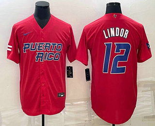 Mens Puerto Rico Baseball 12 Francisco Lindor 2023 Red World Baseball Classic Stitched Jerseys
