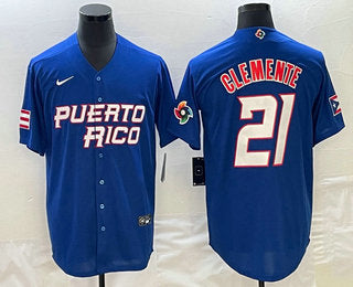 Mens Puerto Rico Baseball 21 Roberto Clemente 2023 Blue World Classic Stitched Jerseys
