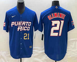 Mens Puerto Rico Baseball 21 Roberto Clemente Number 2023 Blue World Classic Stitched Jersey
