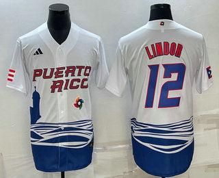 Mens Puerto Rico Baseball 23 Francisco Lindor White 2023 World Baseball Classic Stitched Jersey