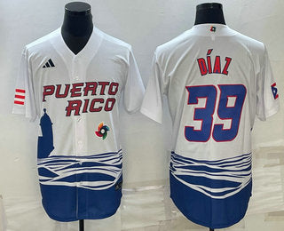 Mens Puerto Rico Baseball 39 Edwin Diaz 2023 White World Baseball Classic Stitched Jerseys